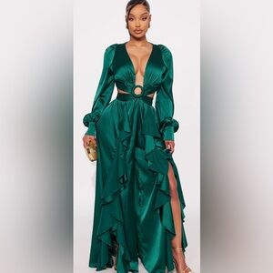 Fashion Nova Emerald Satin Cutout Ruffle Jumpsuit
